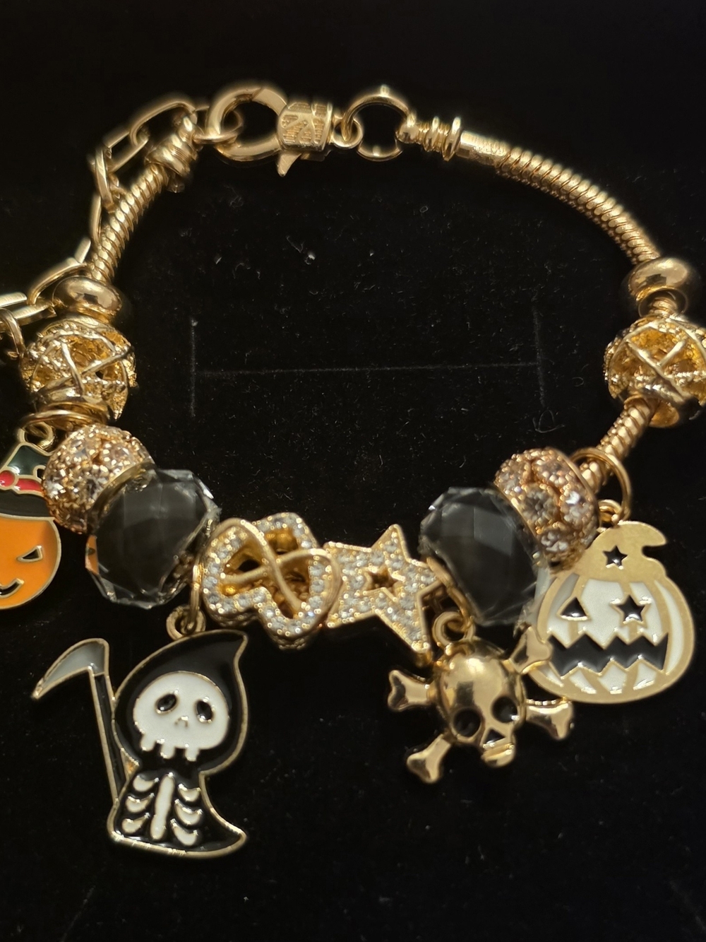 Gold-Tone Halloween Charm Bracelet with Black and Gold Beads